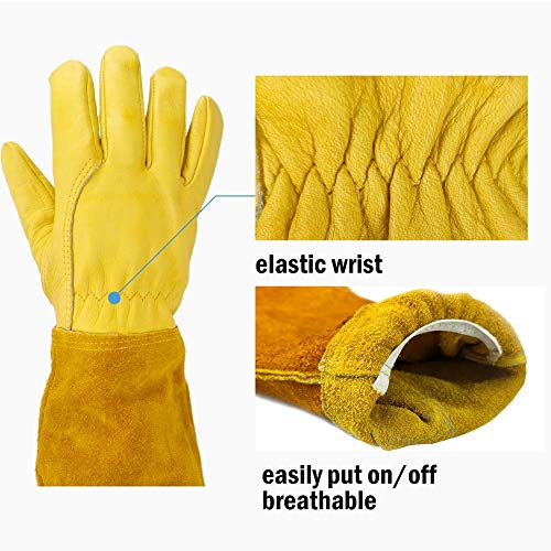 SLARMOR Guantes de Jardinería de Cuero para Mujeres/ Hombres Resistentes a Puñaladas y a Los Cortes, para Poda de Rosales, Protege Contra Espinas, con Protección de Antebrazo, Amarillo L