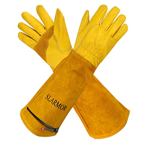 SLARMOR Guantes de Jardinería de Cuero para Mujeres/ Hombres Resistentes a Puñaladas y a Los Cortes, para Poda de Rosales, Protege Contra Espinas, con Protección de Antebrazo, Amarillo L