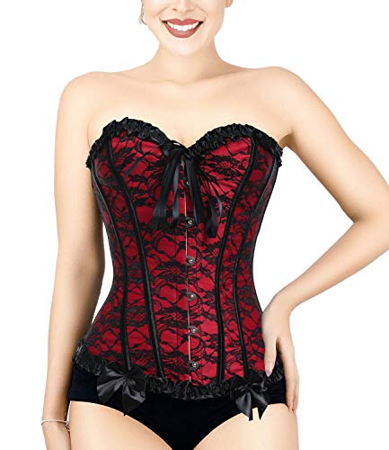 SLIMBELLE Mujeres Bustier corsé Superior Floral Encaje Deshuesado Overbust gótico Sexy Cintura Cincher para Navidad y Fiestas con 1 G-String-Red-XL