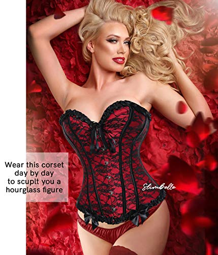 SLIMBELLE Mujeres Bustier corsé Superior Floral Encaje Deshuesado Overbust gótico Sexy Cintura Cincher para Navidad y Fiestas con 1 G-String-Red-XL