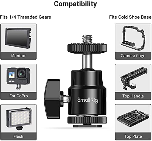 SMALLRIG Mini Rotula de Bola, 360 Grados Ball Head Mount con 1/4 Tornillo y Adaptador de Zapata Flash - 761