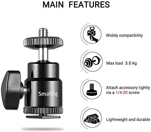 SMALLRIG Mini Rotula de Bola, 360 Grados Ball Head Mount con 1/4 Tornillo y Adaptador de Zapata Flash - 761