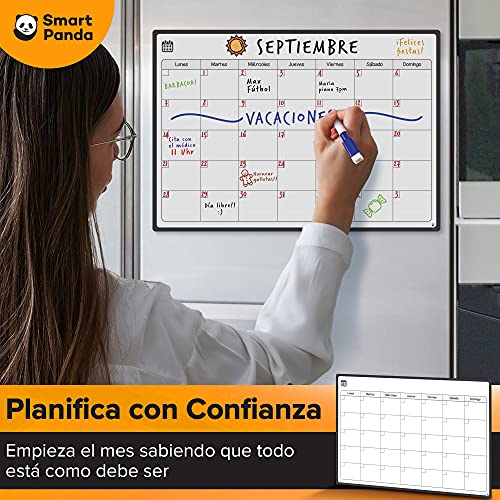 Smart Panda Calendario Magnético para Nevera - Ideal Planificador de Menú, Recordatorio, Lista de la Compra - Pizarra Magnética Incluye 4 Rotuladores de Color - Mensual - En Español