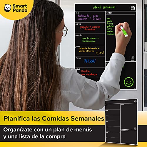 Smart Panda Pizarra Magnética Negra para Nevera - Ideal Planificador de Comidas Semanales, Lista de la Compra o Pizarra de Notas para la Familia - Calendario Magnético Incluye Rotuladores – En Español