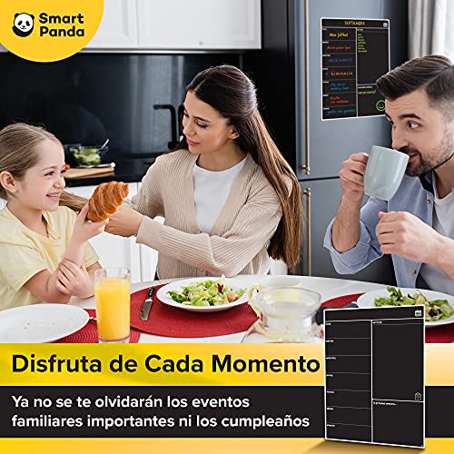 Smart Panda Pizarra Magnética Negra para Nevera - Ideal Planificador de Comidas Semanales, Lista de la Compra o Pizarra de Notas para la Familia - Calendario Magnético Incluye Rotuladores – En Español