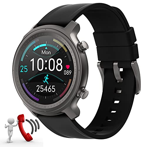 Smartwatch Hombres Relojes Inteligentes Bluetooth recibe Llamadas,Fitness Smartwatch 1.28'' de Reloj Deportivo con Podómetro para Samsung Huawei Android iOS Ronda(Negro)