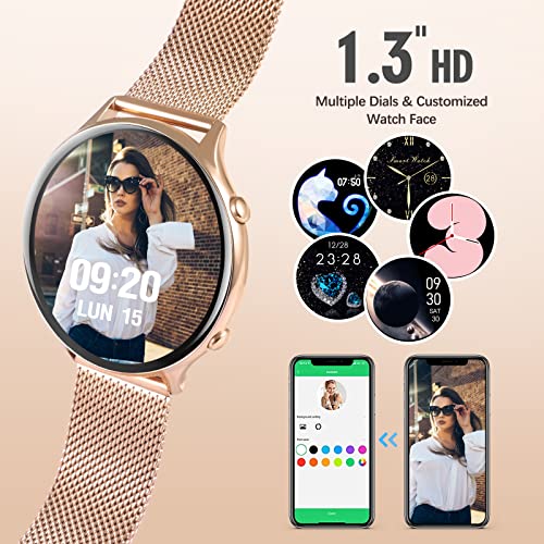 Smartwatch Mujer, Reloj Inteligente Mujer A Prueba de Agua IP68, Smart Watch 1.3” Táctil Completa con Caloría, SpO2, Menstrual Registro, Podómetro Pulsera Actividad Inteligente con iOS Android(Rosa)