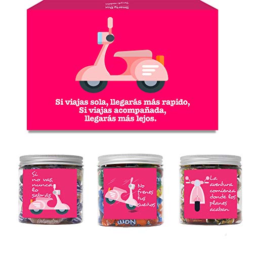 SMARTY BOX Caja Regalo Cumpleaños Chuches Amiga, Pareja, Novia Original Caramelos y Gominolas Cesta Golosinas Regalo Chucherías con Mensajes Dulces sin Gluten, Fabricado en España