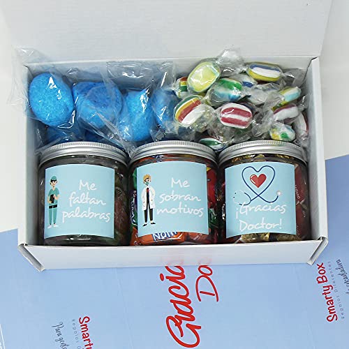 SMARTY BOX Regalo para Doctor, Regalo Original para Médico, Caja de Caramelos y Gominolas Sin Gluten, con Frases de agradecimiento, Golosinas Chuches, Chucherías Dulces