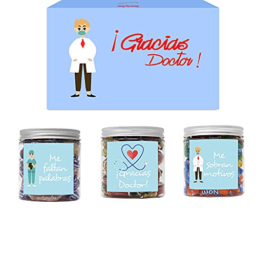 SMARTY BOX Regalo para Doctor, Regalo Original para Médico, Caja de Caramelos y Gominolas Sin Gluten, con Frases de agradecimiento, Golosinas Chuches, Chucherías Dulces