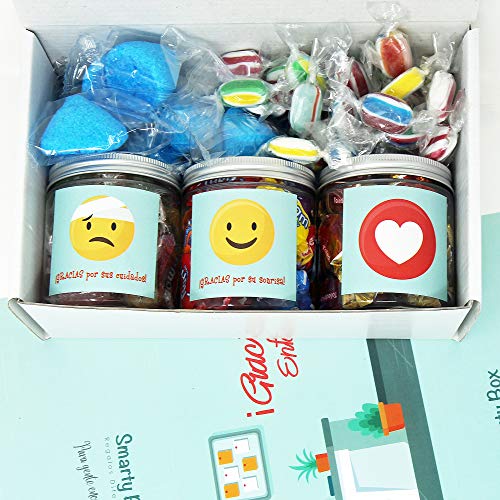 SMARTY BOX Regalo para Enfermera, Regalo Original Chuches, Caja de Caramelos y Gominolas Sin Gluten, con Frases de agradecimiento, Golosinas, Chucherías Dulces, Fabricado en España