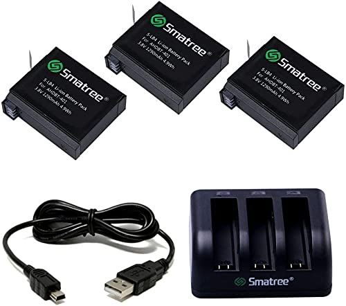 Smatree Batería de Repuesto de 1290 mAh (Paquete de 3),Cargador de 3 Canales con Cable USB Compatible con la cámara Gopro Hero 4