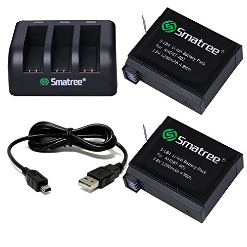 Smatree Batería de Repuesto (Paquete de 2), Cargador de 3 Canales con Cable USB Compatible con videocámara con cámara GoPro Hero 4