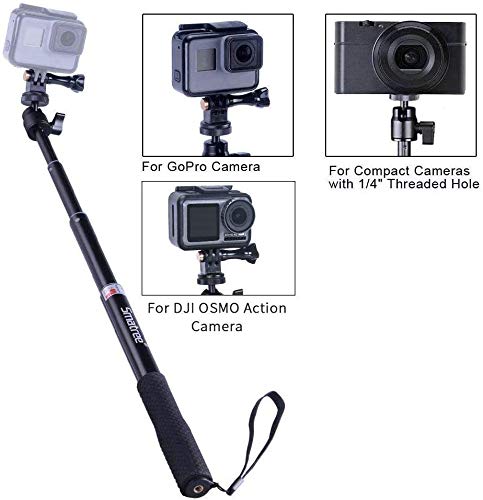 Smatree Q1 Palo Extensible Selfie Stick Monopié para GoPro MAX, Hero 2018, Hero 10/9/8/7/6/5/4/3+/3/2/1/Fusion/Session, Ricoh Theta S, M15, Cámaras Compactas