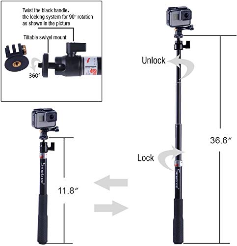 Smatree Q1 Palo Extensible Selfie Stick Monopié para GoPro MAX, Hero 2018, Hero 10/9/8/7/6/5/4/3+/3/2/1/Fusion/Session, Ricoh Theta S, M15, Cámaras Compactas