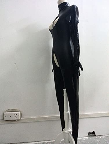 SMGZC Sexy Mujer Aspecto Mojado Manga Larga Mono Negro Cuero Látex Catsuit Body Entrepierna Abierta Club Ropa (XL)