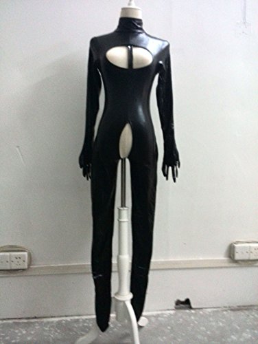 SMGZC Sexy Mujer Aspecto Mojado Manga Larga Mono Negro Cuero Látex Catsuit Body Entrepierna Abierta Club Ropa (XL)