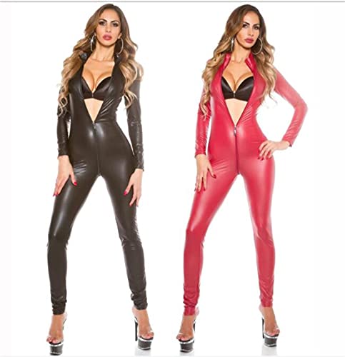 SMGZC Sexy Mujer Manga Larga Mono Brillante Cuero Látex Catsuit Body Cremallera Entrepierna Abierta Aspecto Mojado Club Ropa (L,Red)