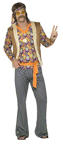 Smiffy's Smiffys-44680L Disfraz de Cantante Hippie años 60 para Hombre, con Camiseta, chalec, Multicolor, L-Tamaño 42"-44" 44680L