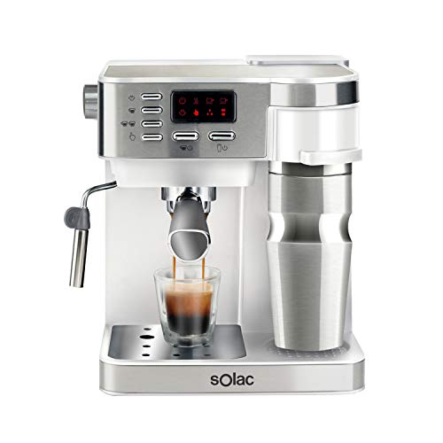 Solac CE4497 Multi Stillo 20 bar - Cafetera combinada multifunción 3 en 1: cafetera espresso + cafetera goteo + capuccino. Termo Portátil 320ml Inox. Libre BPA. Extra Cream. Vaporizador. Blanco/Inox.