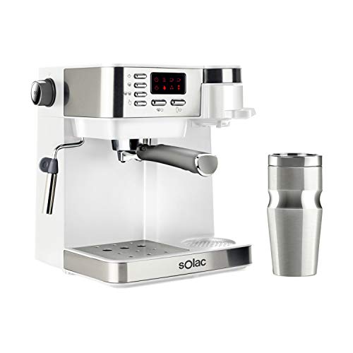 Solac CE4497 Multi Stillo 20 bar - Cafetera combinada multifunción 3 en 1: cafetera espresso + cafetera goteo + capuccino. Termo Portátil 320ml Inox. Libre BPA. Extra Cream. Vaporizador. Blanco/Inox.