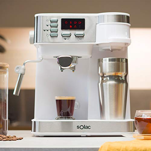 Solac CE4497 Multi Stillo 20 bar - Cafetera combinada multifunción 3 en 1: cafetera espresso + cafetera goteo + capuccino. Termo Portátil 320ml Inox. Libre BPA. Extra Cream. Vaporizador. Blanco/Inox.