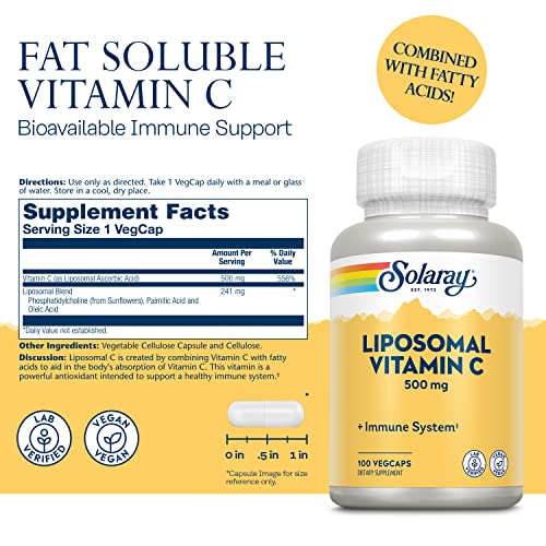 SOLARAY Liposomal Vitamin C 500mg, Fat Soluable Vitamin C, Vegcaps, Sin Sabor, 100 Unidad,