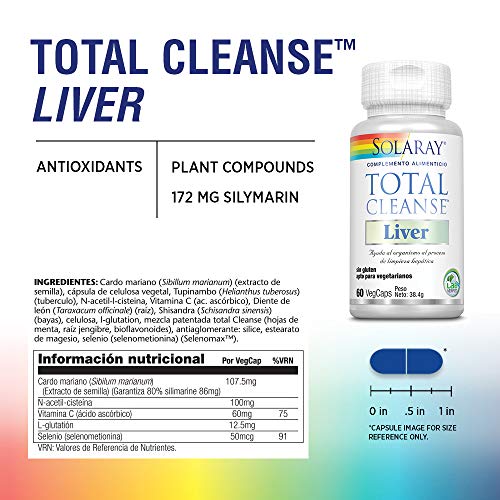 Solaray Total Cleanse Liver | Cardo mariano, diente de león y más para un apoyo al proceso de limpieza hepática saludable | Apto Para Vegetarianos | 60 VegCaps