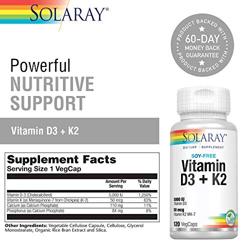 SOLARAY Vitamin D3 + K2 | 5000 Iu | Vegcaps Es 200 G, Sin Sabor, One size, Vanilla, 120 Unidad