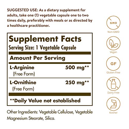 Solgar L-Arginina 500 mg / L-Ornitina Cápsulas vegetales de 250 mg - Envase de 50