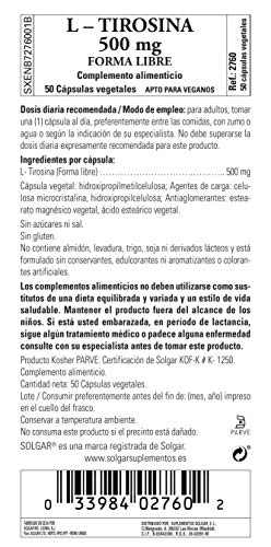 Solgar L-tirosina Cápsulas Vegetales De 500 Mg - Envase De 50, 100 g