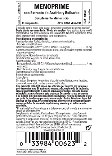 Solgar Menoprime, Mujer, Menopausia, Con Extracto De Azafrán Y Ruibarbo, 30 Cápsulas 200 G, Blanco