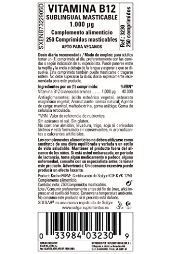 Solgar | Vitamina B12 1000 Mcg (Cianocobalamina) | Energía, Equilibrio Psicológico, Reduce el Cansancio | 250 comprimidos masticables sublinguales | Sabor Cereza Natural