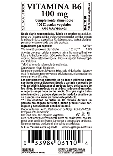 Solgar Vitamina B6 Mg (piridoxina) Actividad Hormonal Regulada, Formación De Glóbulos Rojos, Cápsulas Vegetales, Multicolor, 100 Unidad