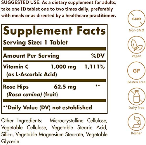 Solgar Vitamina C con escaramujo 1000 mg Comprimidos, Rose Hips - Envase de 250