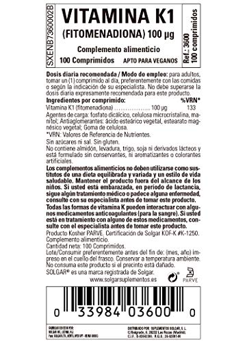 Solgar - Vitamina K1 De µg, Huesos Sanos Y Coagulación De La Sangre, Fitonadiona, Comprimidos, Multicolor, 100 Unidad