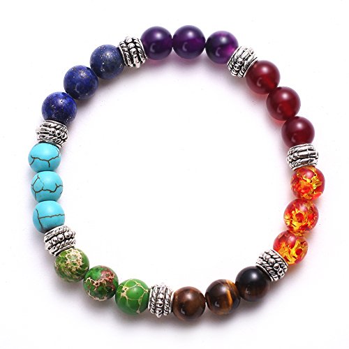 Sonew Pulsera de Cuentas de Lava 7 Chakras Cuerda elástica brazaletes de Pulseras de Cuentas de Yoga de Piedra Natural para Hombres Mujeres