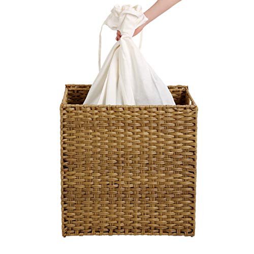 SONGMICS Cesto de la Ropa, 110L Cesto de la Colada, Tejido a Mano, con Compartimentos Separados, Ratán Sintético, con Tapa y Asas, Plegable, Bolsa de Forro Extraíble, Color Natural LCB52NL