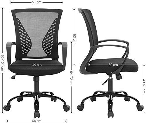 SONGMICS Silla de Malla, Silla de Oficina Giratoria, Regulable en Altura, Función de Inclinación, Respaldo y Asiento de Malla Transpirable, para Estudio de Oficina, Carga Máx. 120 kg, Negro OBN22BK