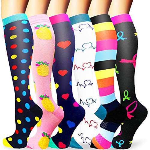 Sooverki Medias de compresión, Calcetines de compresión Mujer y Hombre, Calcetines Compresivos Enfermera para Trabajo, Ciclismo, Trotar, Correr, Deporte, Volar, Viajar A7-Multicolor-6 Pares L/XL