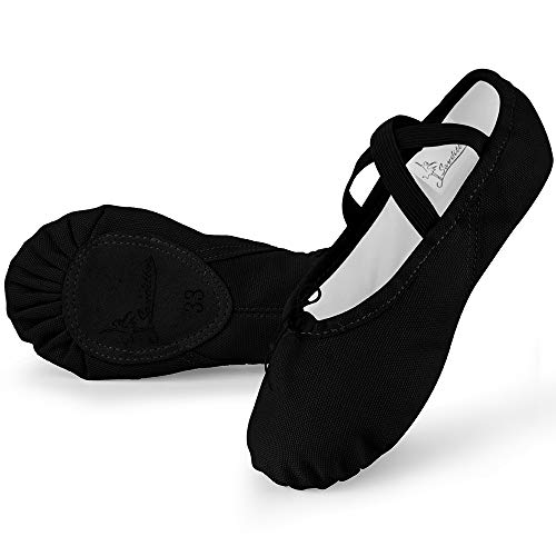 Soudittur Zapatillas Media Punta de Ballet - Calzado de Danza para Niña y Mujer Adultos Negras Suela Partida de Cuero Tallas 34