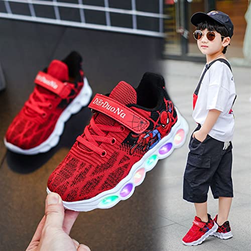 Spider Kid Niños Niñas Zapatos LED Zapatillas con luz Deportivas Bajas Destellos for niños Que Brillan intensamente Malla Tejida voladora Brillantes Transpirables Correr (Color : Red, Size : 29 EU)