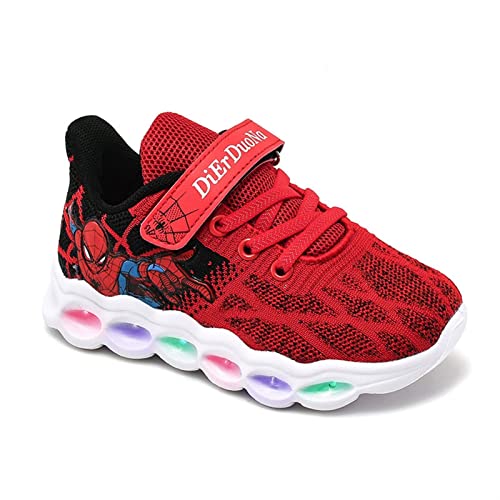 Spider Kid Niños Niñas Zapatos LED Zapatillas con luz Deportivas Bajas Destellos for niños Que Brillan intensamente Malla Tejida voladora Brillantes Transpirables Correr (Color : Red, Size : 29 EU)