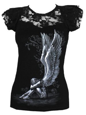 Spiral - Enslaved Angel - Camiseta con Mangas de Casquillo - Capas de Encaje en los Hombros - Negro - S