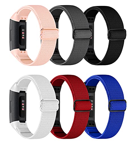 Sport Solo Loop Correa compatible con Fitbit Charge 4 / Charge 3 / Charge 4 SE Pulsera de repuesto de nailon elástico ajustable (6 unidades),