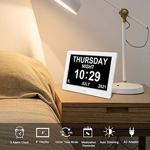 SSA Despertador digital de 8 pulgadas, reloj de día para demencia, legibilidad débil, personas mayores, personas con poca visión y alzheimer, reloj digital, calendario para personas mayores.