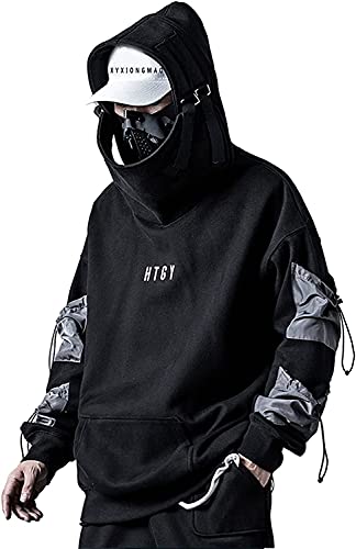 Streetwear Techwear Hoodie Cyberpunk táctico para Hombre Negro Urbano Hip Hop japonés Sudadera, Ropa Calle Suelta pulóver para Hombres (Black,XL)