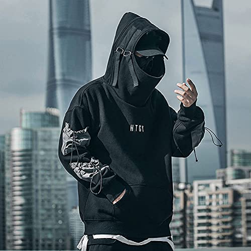 Streetwear Techwear Hoodie Cyberpunk táctico para Hombre Negro Urbano Hip Hop japonés Sudadera, Ropa Calle Suelta pulóver para Hombres (Black,XL)