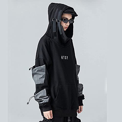Streetwear Techwear Hoodie Cyberpunk táctico para Hombre Negro Urbano Hip Hop japonés Sudadera, Ropa Calle Suelta pulóver para Hombres (Black,XL)