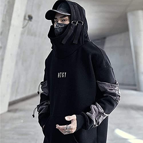 Streetwear Techwear Hoodie Cyberpunk táctico para Hombre Negro Urbano Hip Hop japonés Sudadera, Ropa Calle Suelta pulóver para Hombres (Black,XL)